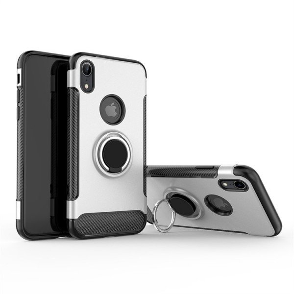 Wholesale iPhone Xr 6.1in 360 Rotating Ring Stand Hybrid Case with Metal Plate (Silver)